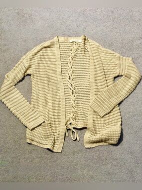 Pink Rose Women’s Cream Knit Lace-Up Open Cardigan - L
